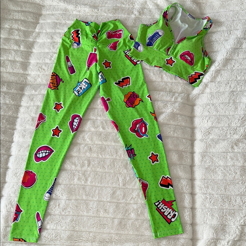 Vibrant Green Graphic Print Women's leggings Set